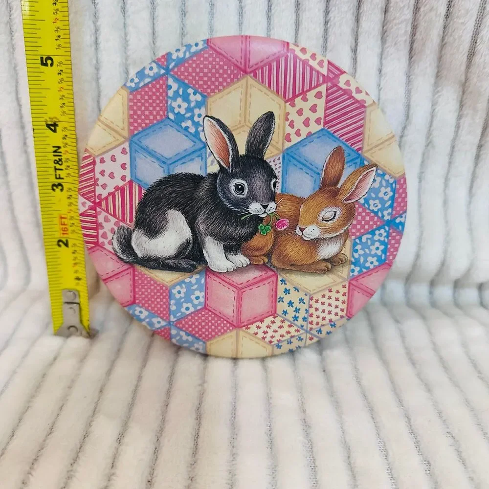 Vintage Decorative Tin with Quilted print and  Bunny Rabbits
